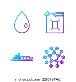 Set line Molecule oil, Oil tanker ship, Oil drop and Canister for gasoline. Gradient color icons. Vector