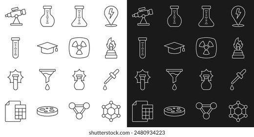 Línea de ajuste Molécula, pipeta, quemador de alcohol o alcohol, tubo de ensayo, tapa de graduación, telescopio e icono radiactivo. Vector