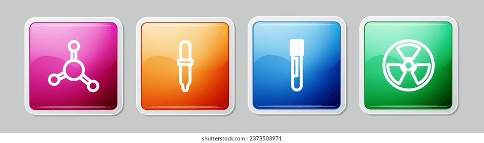 Set line Molecule, Pipette, Test tube and flask and Radioactive. Colorful square button. Vector