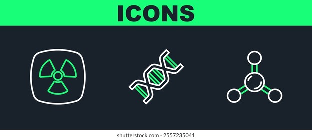 Set line Molecule, Radioactive and DNA symbol icon. Vector