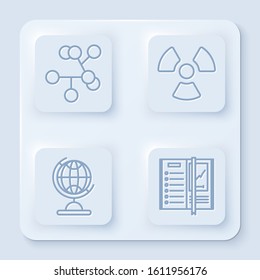 Set line Molecule, Radioactive, Earth globe and Notebook. White square button. Vector