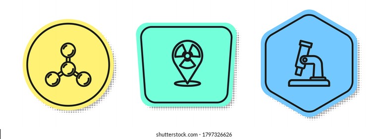 Set line Molecule, Radioactive in location and Microscope. Colored shapes. Vector