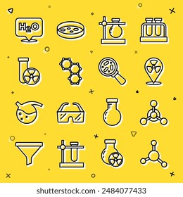 Set line Molecule, Radioactive in location, Test tube flask stand, Chemical formula, radiation, H2O and Microorganisms under magnifier icon. Vector