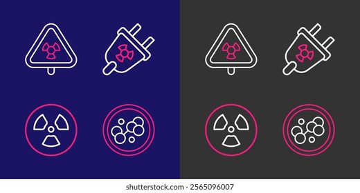 Set line Molecule, Radioactive, Radiation electrical plug and Triangle with radiation icon. Vector