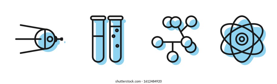 Set line Molecule, Satellite, Test tube and flask chemical laboratory and Atom icon. Vector