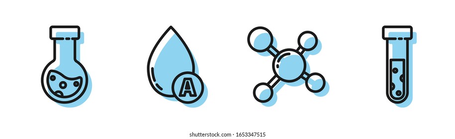 Set-Linie Molecule, Prüfrohr und Kolben Chemikalie, Wassertropfen und Prüflöhre und Messkolben Chemikalie Ikone. Vektorillustration