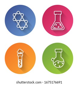 Set line Molecule, Test tube and flask chemical, Test tube and flask chemical and Test tube and flask chemical. Color circle button. Vector