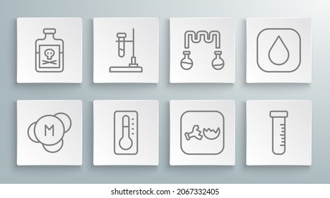 Set line Molecule, Test tube flask on fire, Medical thermometer, Broken, and, Water drop and Poison in bottle icon. Vector
