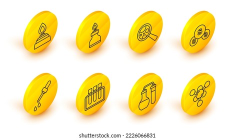 Set line Molecule, Test tube, Pipette, Sulfur dioxide SO2, Microorganisms under magnifier, Alcohol spirit burner and  icon. Vector