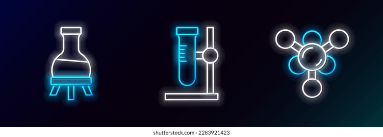 Set line Molecule, Test tube and flask on stand icon. Glowing neon. Vector