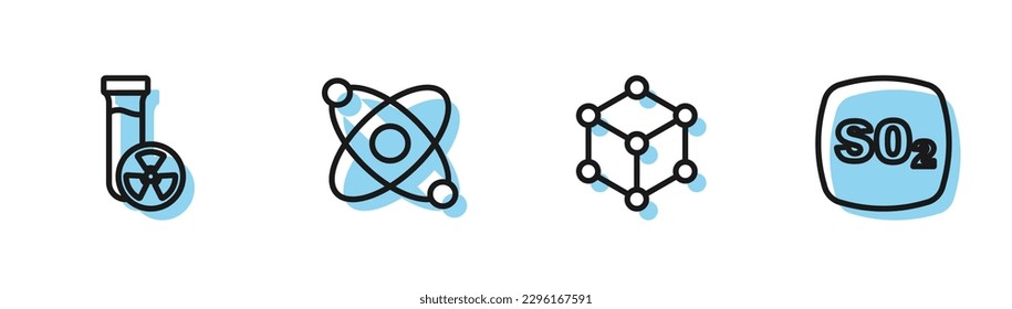 Set line Molecule, Test tube with toxic liquid, Atom and Sulfur dioxide SO2 icon. Vector