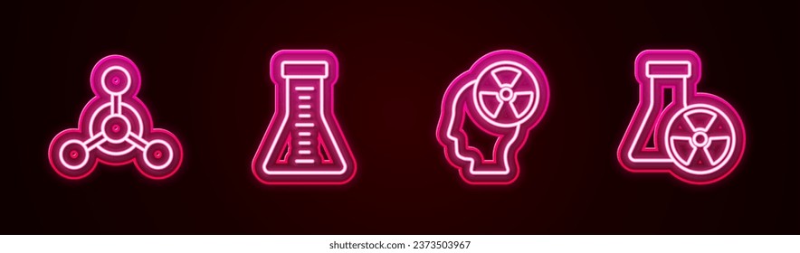 Set line Molecule, Test tube and flask, Head radiation symbol and . Glowing neon icon. Vector