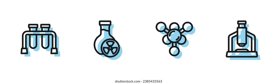 Set line Molecule, Test tube, with toxic liquid and Microscope icon. Vector