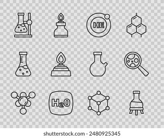 Die Linie Molekül, Reagenzglas, Helium, chemische Formel H2O, Kolben auf dem Ständer, Spiritusbrenner und Mikroorganismen unter dem Lupensymbol festlegen. Vektorgrafik