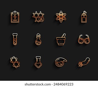 Set line Molecule, Test tube and flask chemical, Laboratory clipboard with checklist, Bacteria, glasses and Mortar pestle icon. Vector