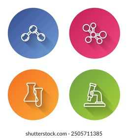 Set line Molecule, , Test tube and flask and Microscope. Color circle button. Vector