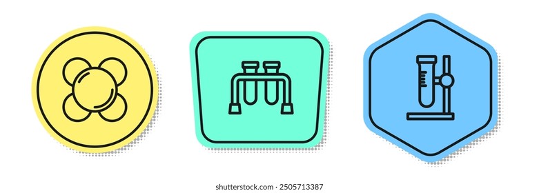 Set line Molecule, Test tube and flask on stand. Colored shapes. Vector