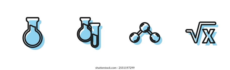 Set line Molecule, Test tube and flask,  and Square root of x glyph icon. Vector