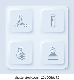 Set line Molecule, Test tube, with toxic liquid and Alcohol or spirit burner. White square button. Vector