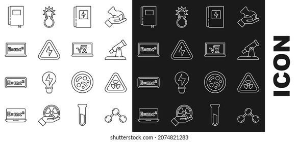 Fijar la línea Molécula, el triángulo con radiación, el telescopio, el panel eléctrico, el alto voltaje, la solución de ecuación, la raíz cuadrada y del libro del icono de x glifo. Vector
