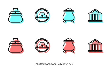 Set line Molten gold being poured, Bag of bars, Gold exchange money and Bank building icon. Vector