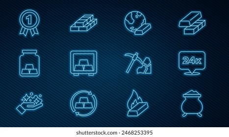 Set line Molten gold being poured, Gold bars 24k, Safe with, Medal, mining and Stacks paper money cash icon. Vector