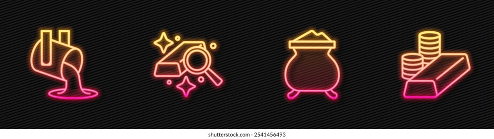 Set line Molten gold being poured, Gold bars and coin with. Glowing neon icon. Vector