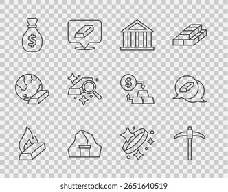 Set line Molten gold being poured, Pickaxe, Bank building, Gold mine, Old money bag, bars, ring and  icon. Vector