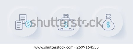 Set line Money bag, Briefcase and money and Paper or financial check icon. Vector