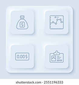 Set line Money bag, Browser with growth graph, Zero cost and Identification badge. White square button. Vector