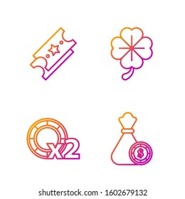 Set line Money bag and casino chips, Casino chips, Lottery ticket and Four leaf clover. Gradient color icons. Vector