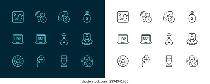 Set line Money bag, Casino slot machine with clover, Dart arrow, poker trophy cup, Online sports betting, American football money, Financial growth increase and chips exchange icon. Vector