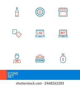 Set line Money bag, Casino signboard, dealer, Online sports betting, Game dice, poker table game, Calendar and chips icon. Vector
