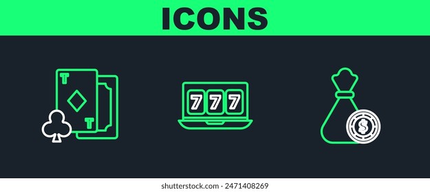 Set line Money bag and casino chips, Playing card with diamonds and Online slot machine lucky sevens jackpot icon. Vector