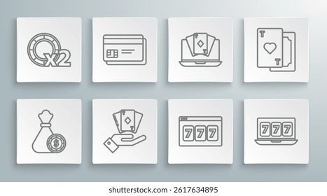 Set line Money bag and casino chips, Credit card, Hand holding deck of playing cards, Online slot machine with lucky sevens jackpot, poker table game, Playing heart and Casino icon. Vector