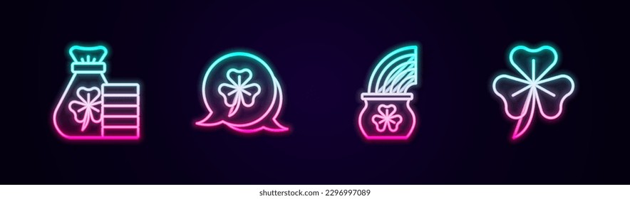 Set line Money bag with clover, Clover trefoil leaf, Pot of gold rainbow and . Glowing neon icon. Vector
