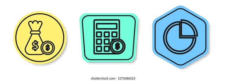 Set line Money bag and coin, Calculator with dollar symbol and Pie chart infographic. Colored shapes. Vector