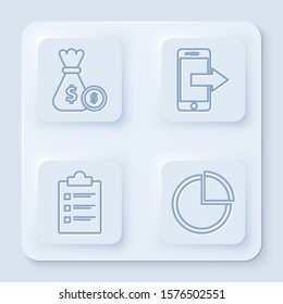 Set line Money bag and coin, Smartphone, mobile phone, Clipboard with checklist and Pie chart infographic. White square button. Vector