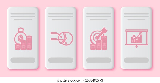 Set line Money bag and coin, Pie chart infographic, Target with coin symbol and Board with graph chart. White rectangle button. Vector