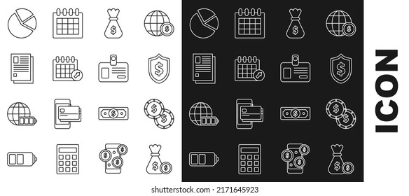 Set line Money bag and coin, Coin money with dollar symbol, Shield, Calendar, File document, Pie chart infographic and Identification badge icon. Vector