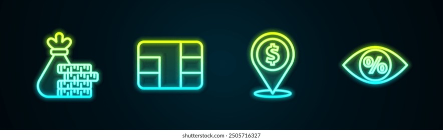 Set line Bolsa de dinero y moneda, tarjeta de crédito con chip, ubicación de efectivo y porcentaje de ojo. Icono de neón brillante. Vector