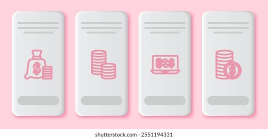 Set line Money bag, Coin money with dollar, Cryptocurrency exchange and . White rectangle button. Vector