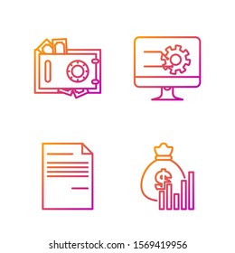 Set line Money bag and diagram graph, Document, Safe and money and Computer monitor with graph chart. Gradient color icons. Vector