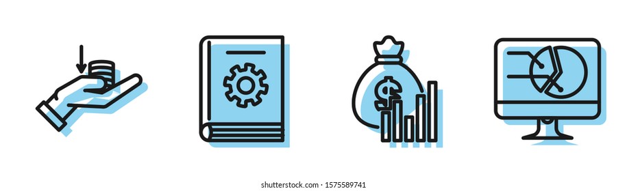 Set line Money bag and diagram graph, Money on hand, User manual and Computer monitor with graph chart icon. Vector