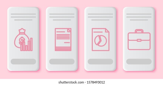 Set line Money bag and diagram graph, Document, Document with graph chart and Briefcase. White rectangle button. Vector