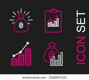 Set line Money bag and diagram graph, Pie chart infographic coin, Clipboard with and  icon. Vector