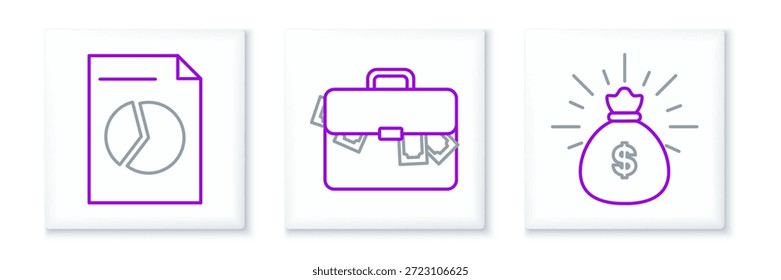 Set line Money bag, Document with graph chart and Briefcase and money icon. Vector