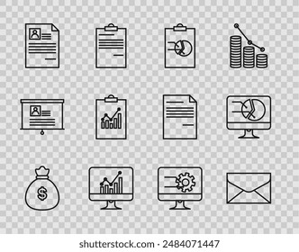 Set line Money bag, Envelope, Clipboard with graph chart, Computer monitor, Resume,  and  icon. Vector