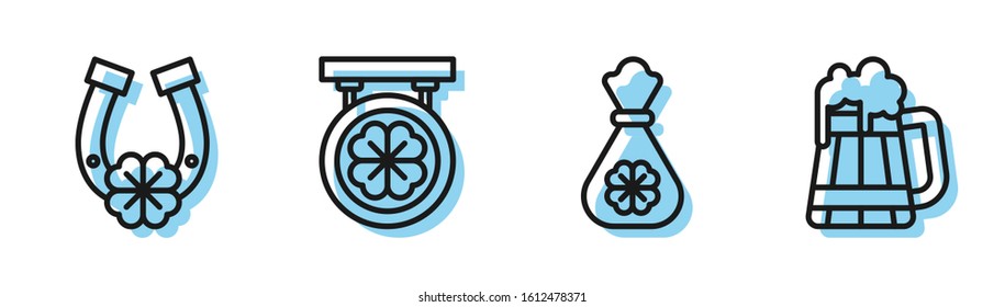 Set line Money bag with four leaf clover, Horseshoe with four leaf clover, Street signboard with four leaf clover and Wooden beer mug icon. Vector