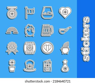 Set line Money bag with four leaf clover, Witch cauldron and rainbow, Smoking pipe, Glass of whiskey, Rainbow, Street signboard and Wooden beer mug icon. Vector